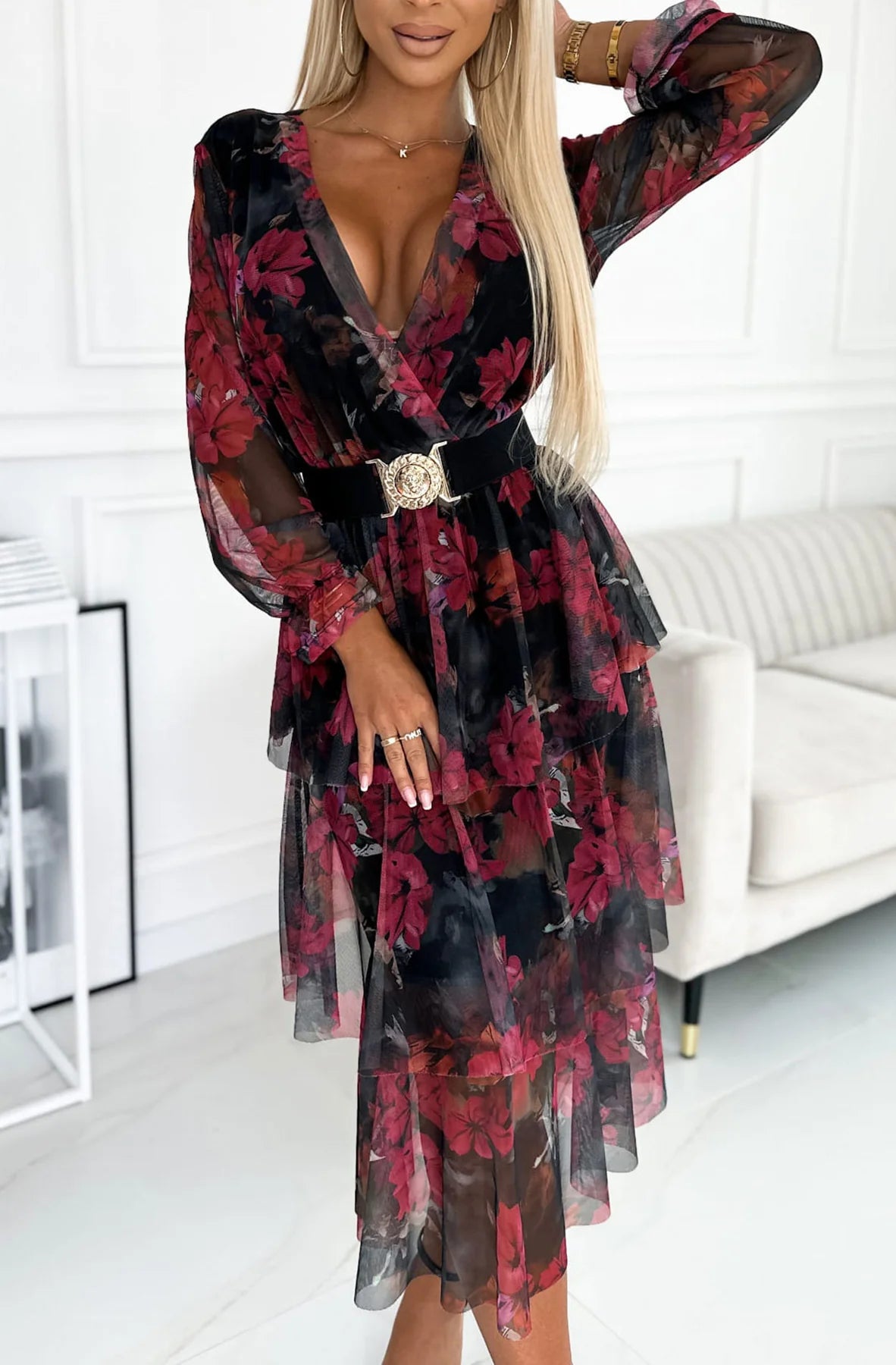 BONITA TIERED FRILL OVERLAY FLORAL MAXI DRESS