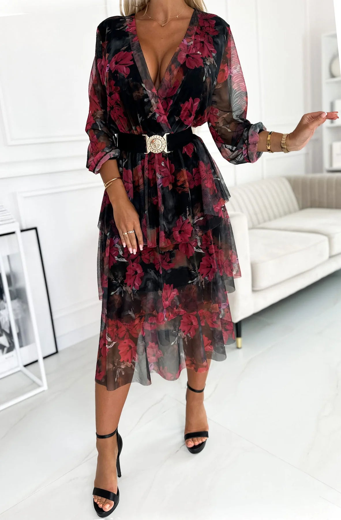 BONITA TIERED FRILL OVERLAY FLORAL MAXI DRESS