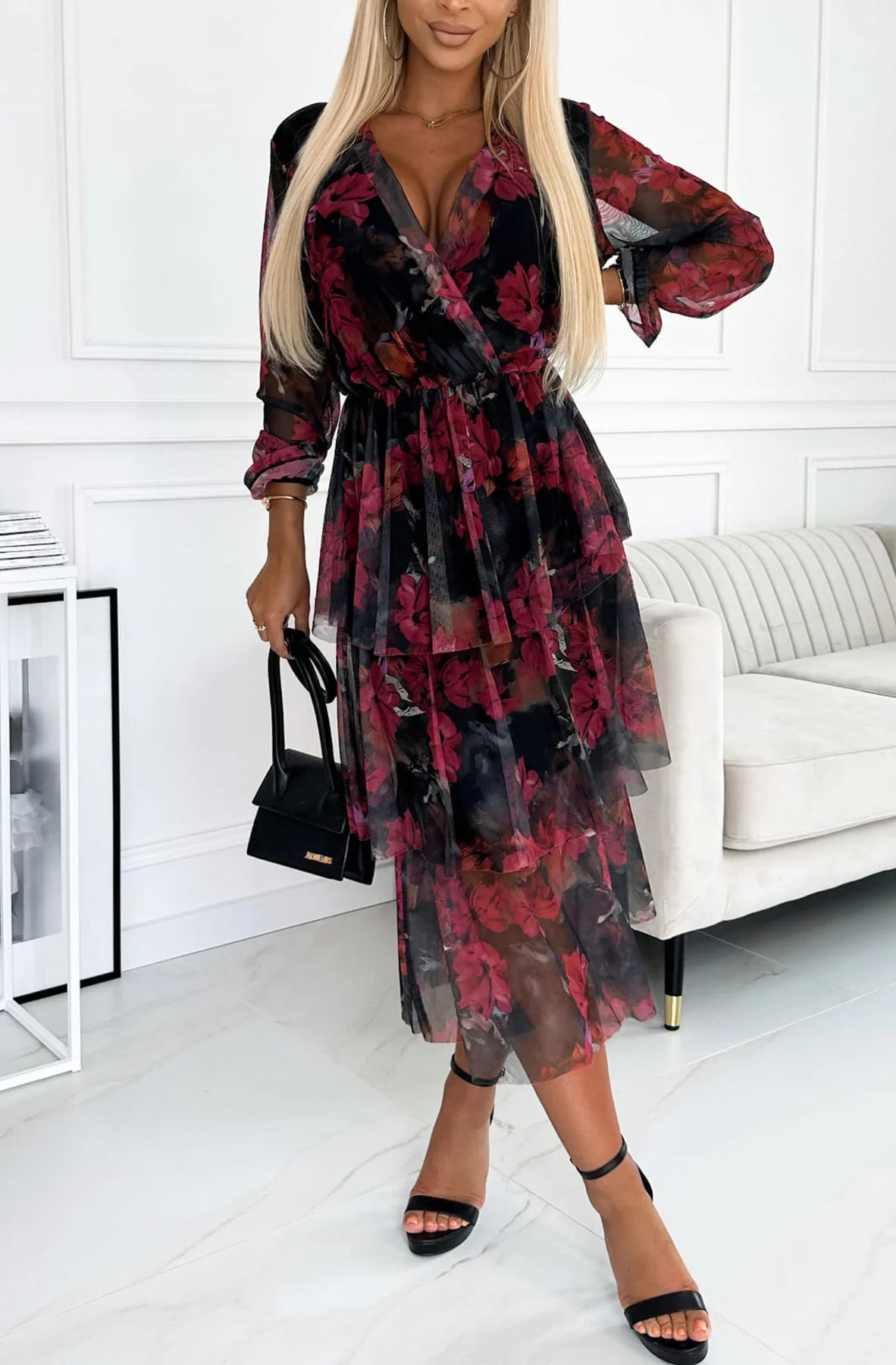 BONITA TIERED FRILL OVERLAY FLORAL MAXI DRESS