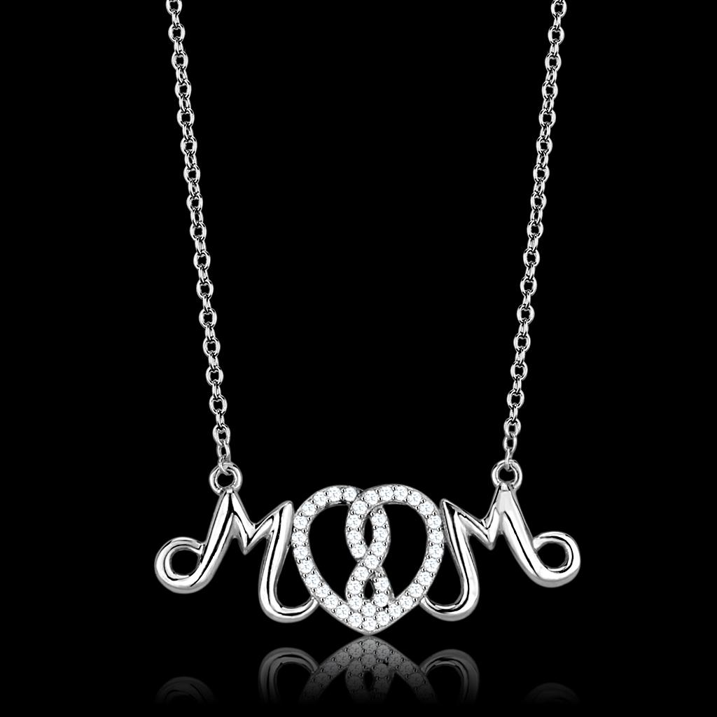 "Mom" Rhodium Plated Sterling Silver S925 Necklace with AAA Grade CZ in Clear