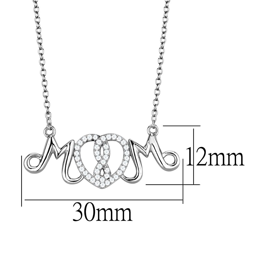 "Mom" Rhodium Plated Sterling Silver S925 Necklace with AAA Grade CZ in Clear