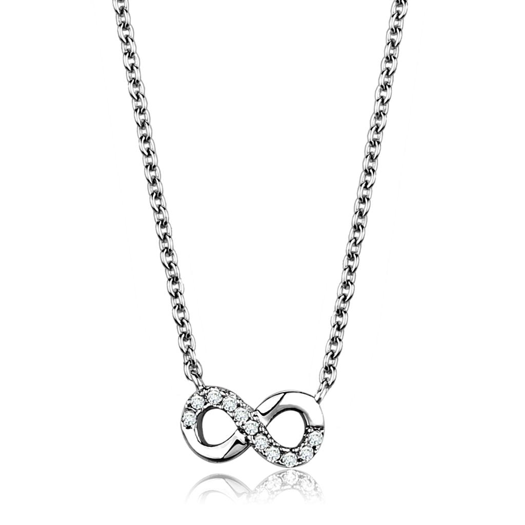 Rhodium Plated Brass Infinity Necklace with AAA Grade CZ in Clear