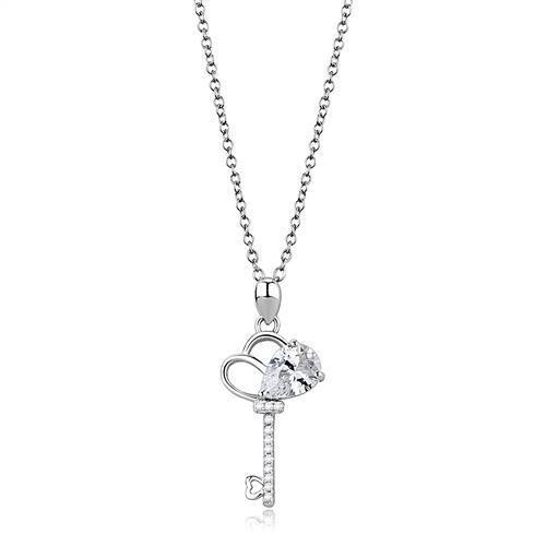 Rhodium Plated S925 Sterling Silver Key Shape Pendant Chain Necklace