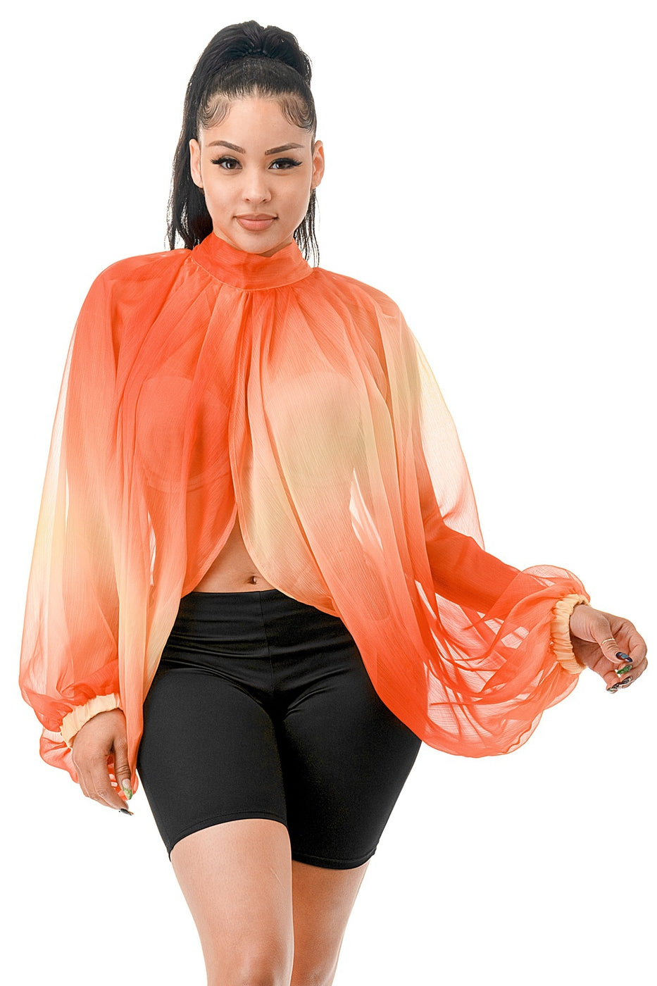 Voluminous Of Sheer Organza Long Balloon Sleeve Blouse