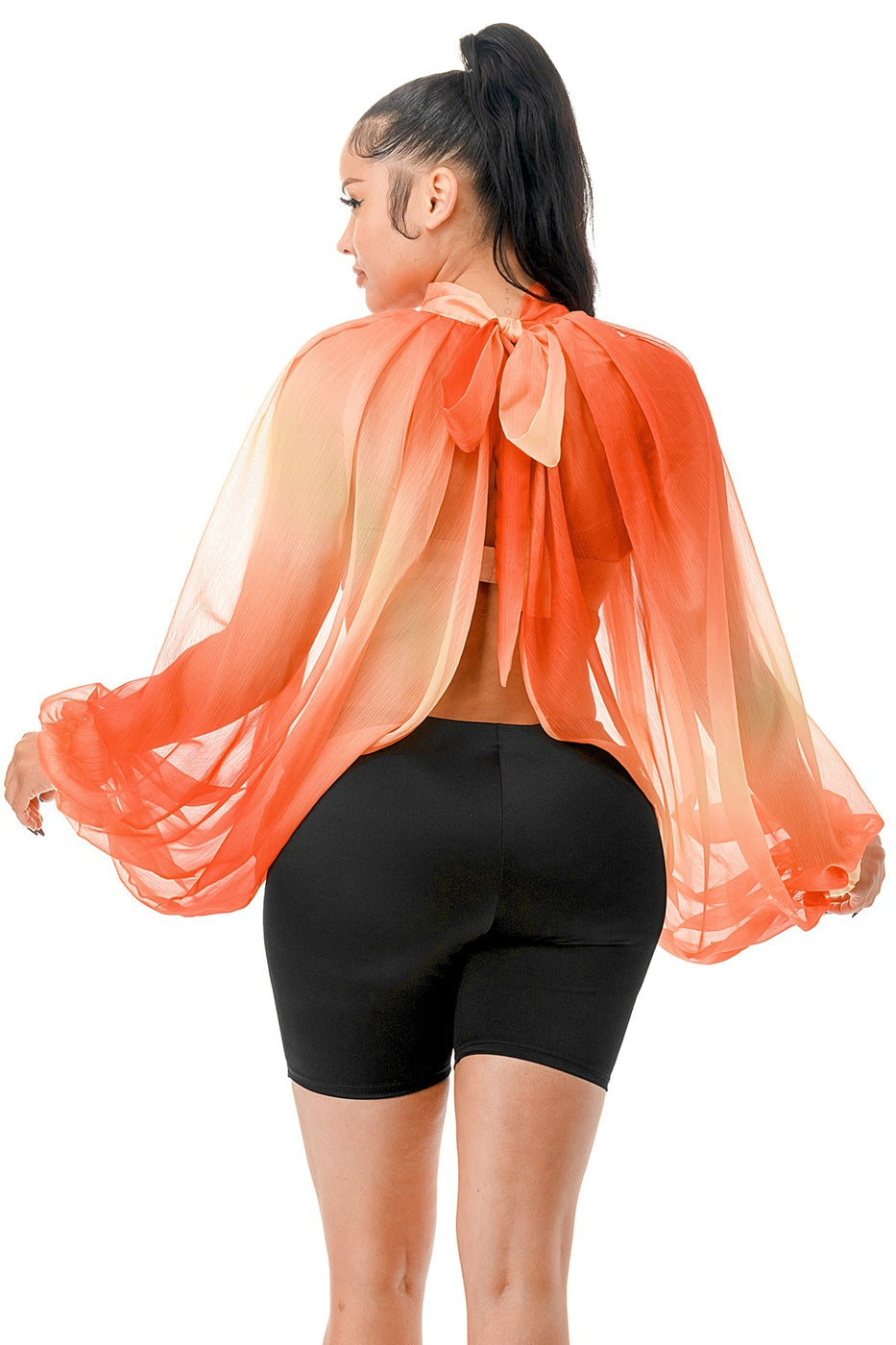 Voluminous Of Sheer Organza Long Balloon Sleeve Blouse