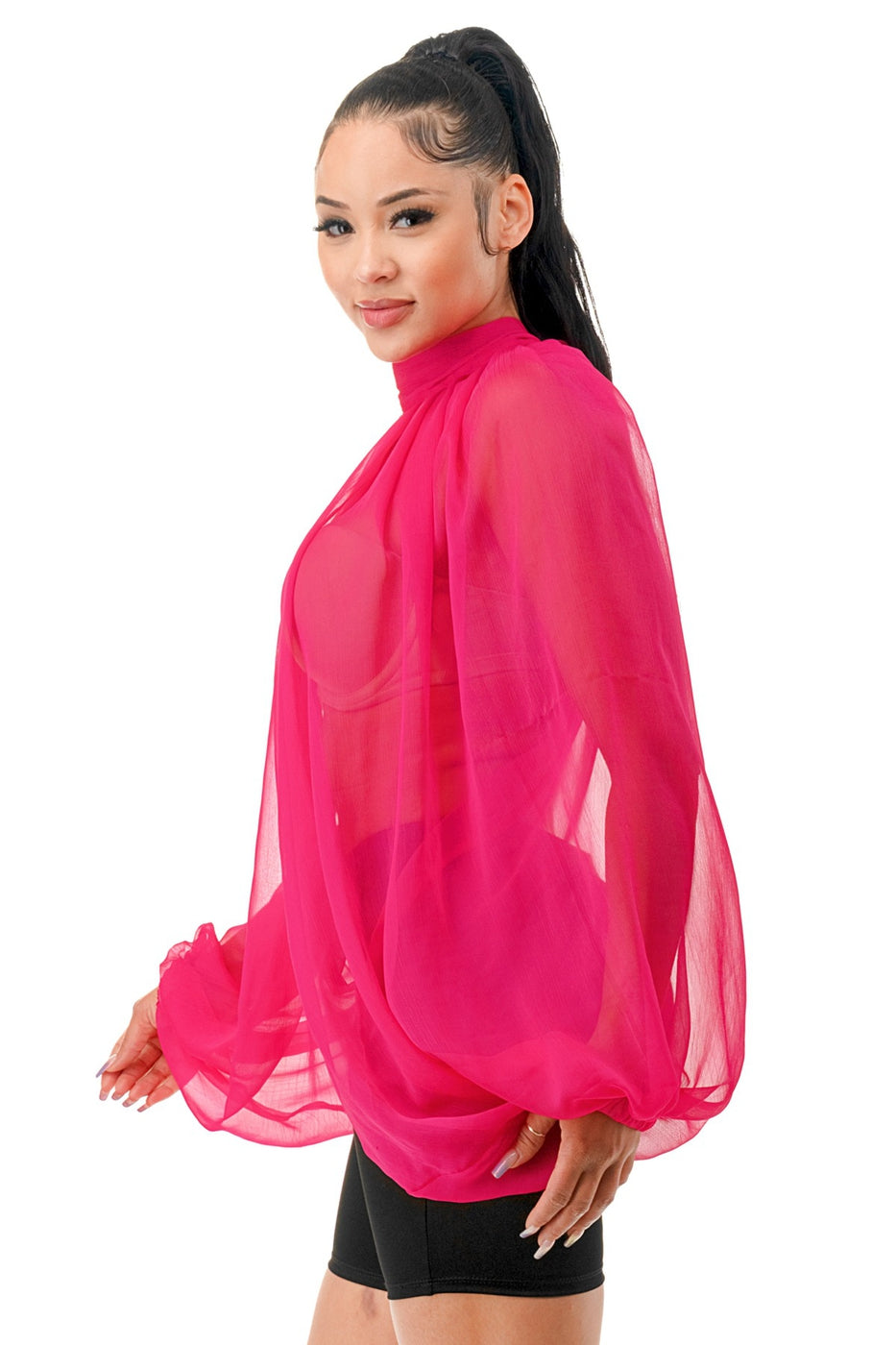 Voluminous Of Sheer Organza Long Balloon Sleeve Blouse