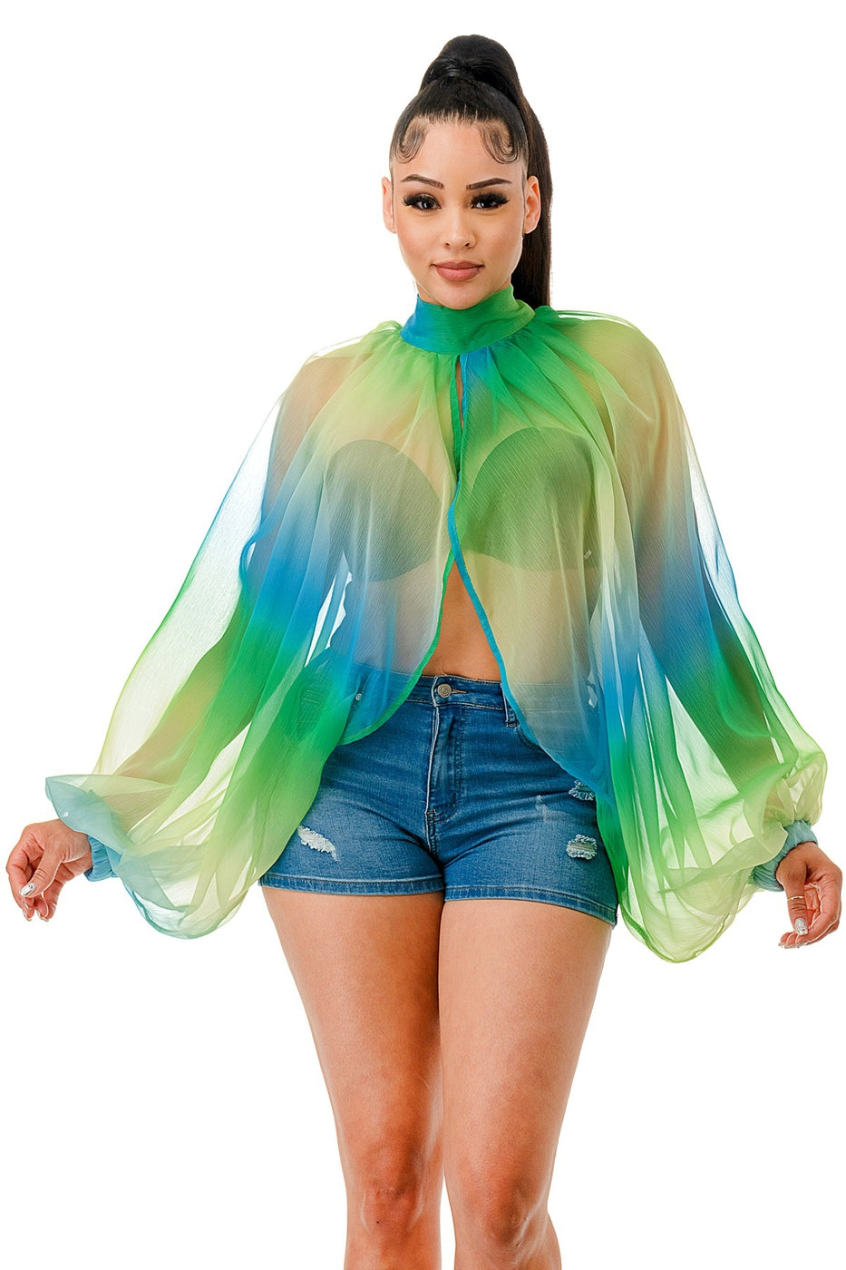 Voluminous Of Sheer Organza Long Balloon Sleeve Blouse