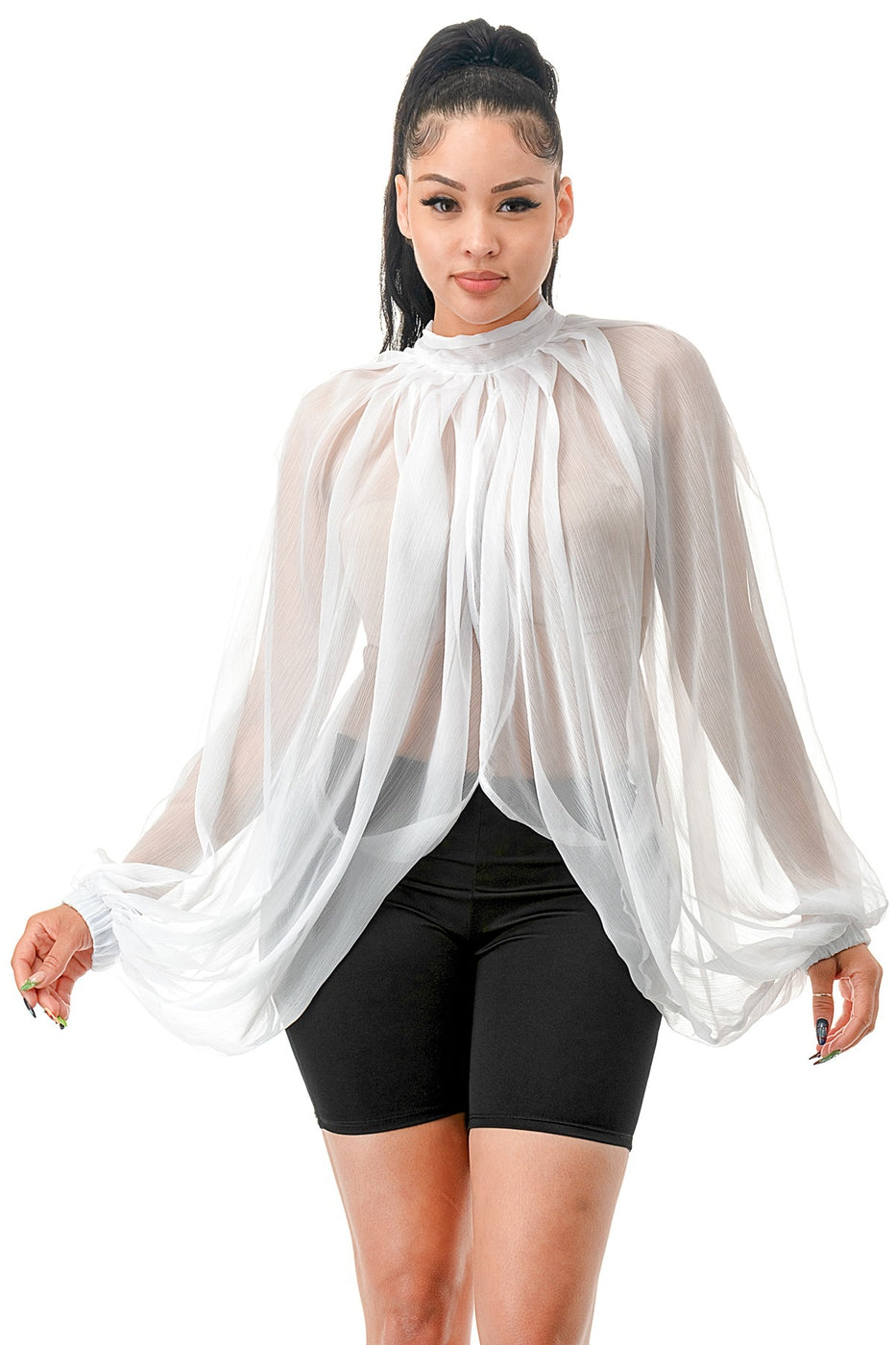 Voluminous Of Sheer Organza Long Balloon Sleeve Blouse