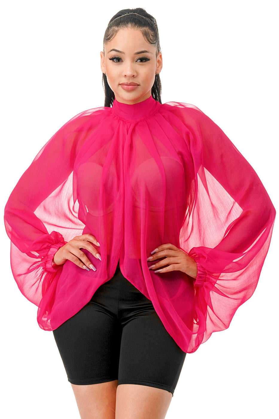 Voluminous Of Sheer Organza Long Balloon Sleeve Blouse