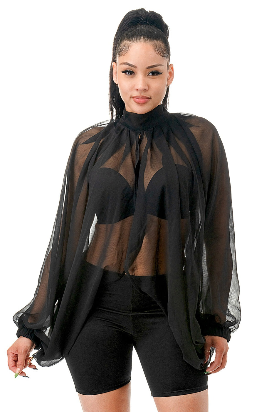 Voluminous Of Sheer Organza Long Balloon Sleeve Blouse