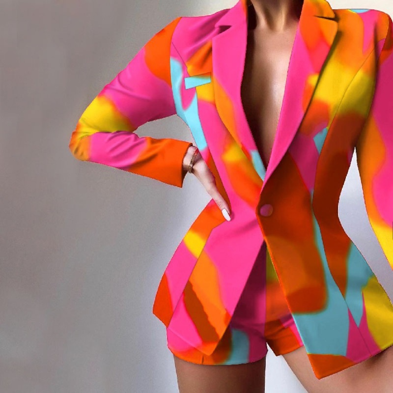 Women Fashion Elegant Slim-Fit Printed Suit Top Shorts Two-Piece Set