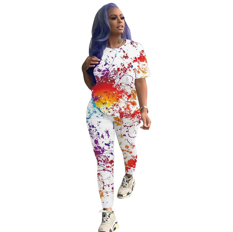 S-3XL Women Casual Graphic Printing Short Sleeve Top And Pants Two Pieces Set