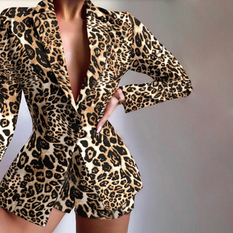Women Fashion Elegant Slim-Fit Printed Suit Top Shorts Two-Piece Set
