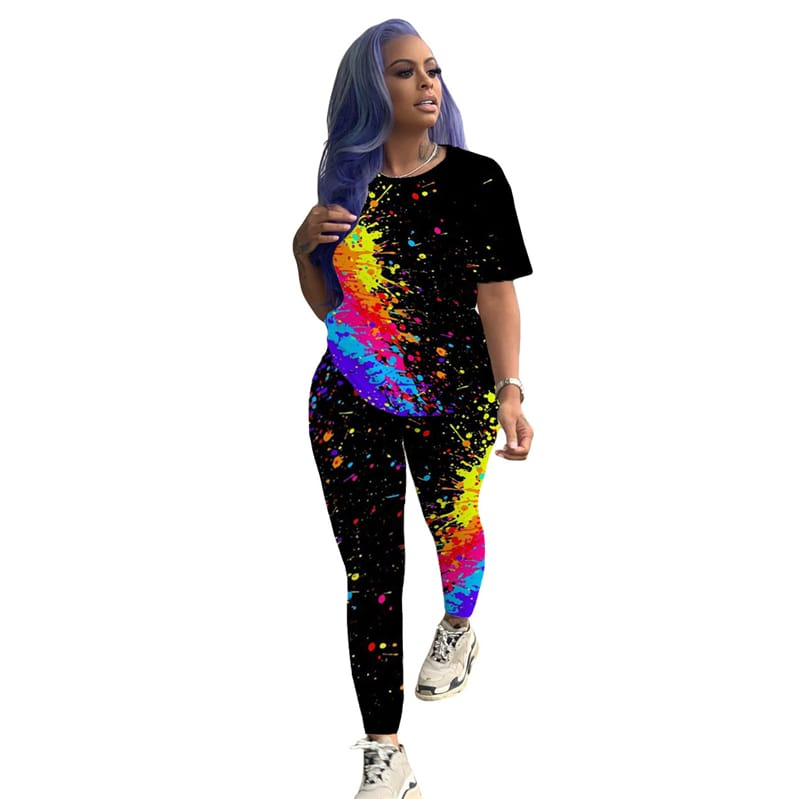 S-3XL Women Casual Graphic Printing Short Sleeve Top And Pants Two Pieces Set