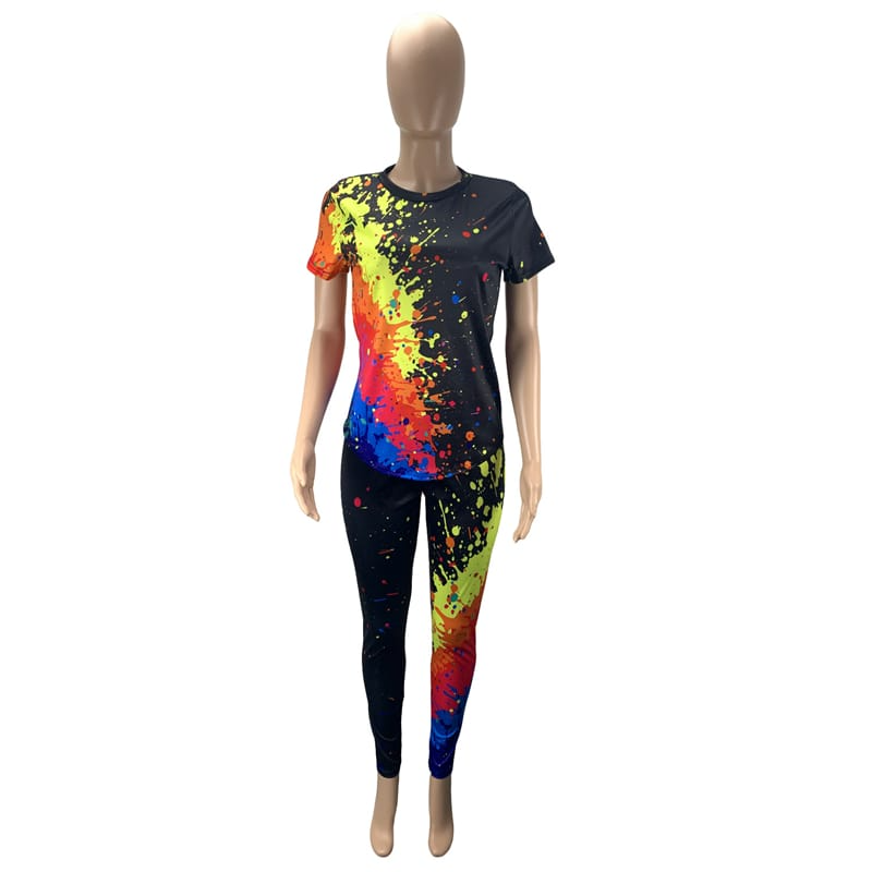 S-3XL Women Casual Graphic Printing Short Sleeve Top And Pants Two Pieces Set