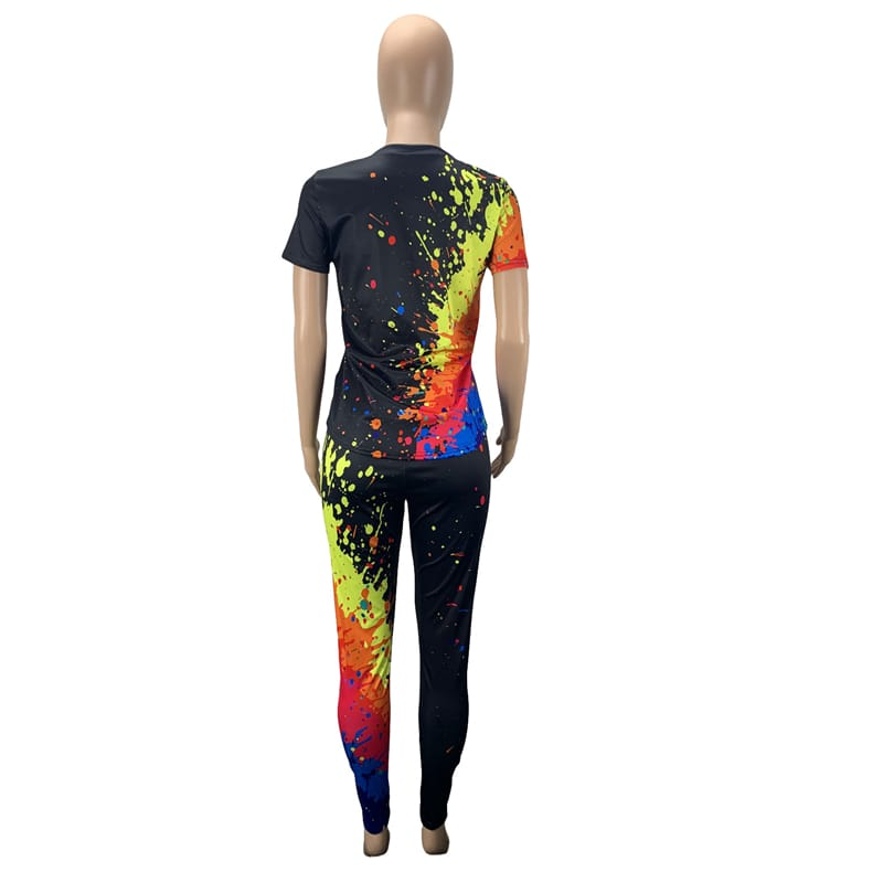 S-3XL Women Casual Graphic Printing Short Sleeve Top And Pants Two Pieces Set