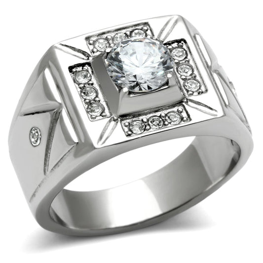 TK486 - High polished (no plating) Stainless Steel Ring with AAA Grade CZ in Clear