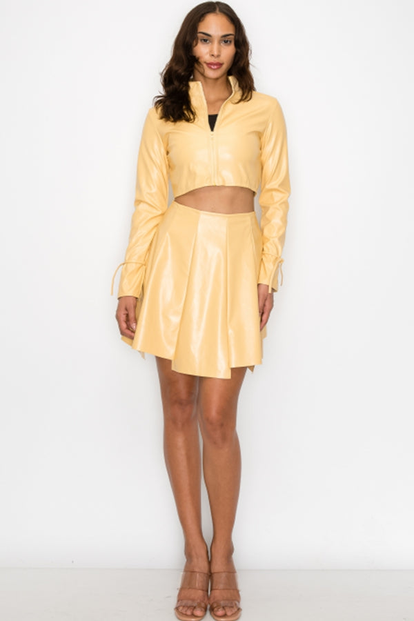 Patent Leather Long-Sleeve Crop Top Jacket and Skirt Set
