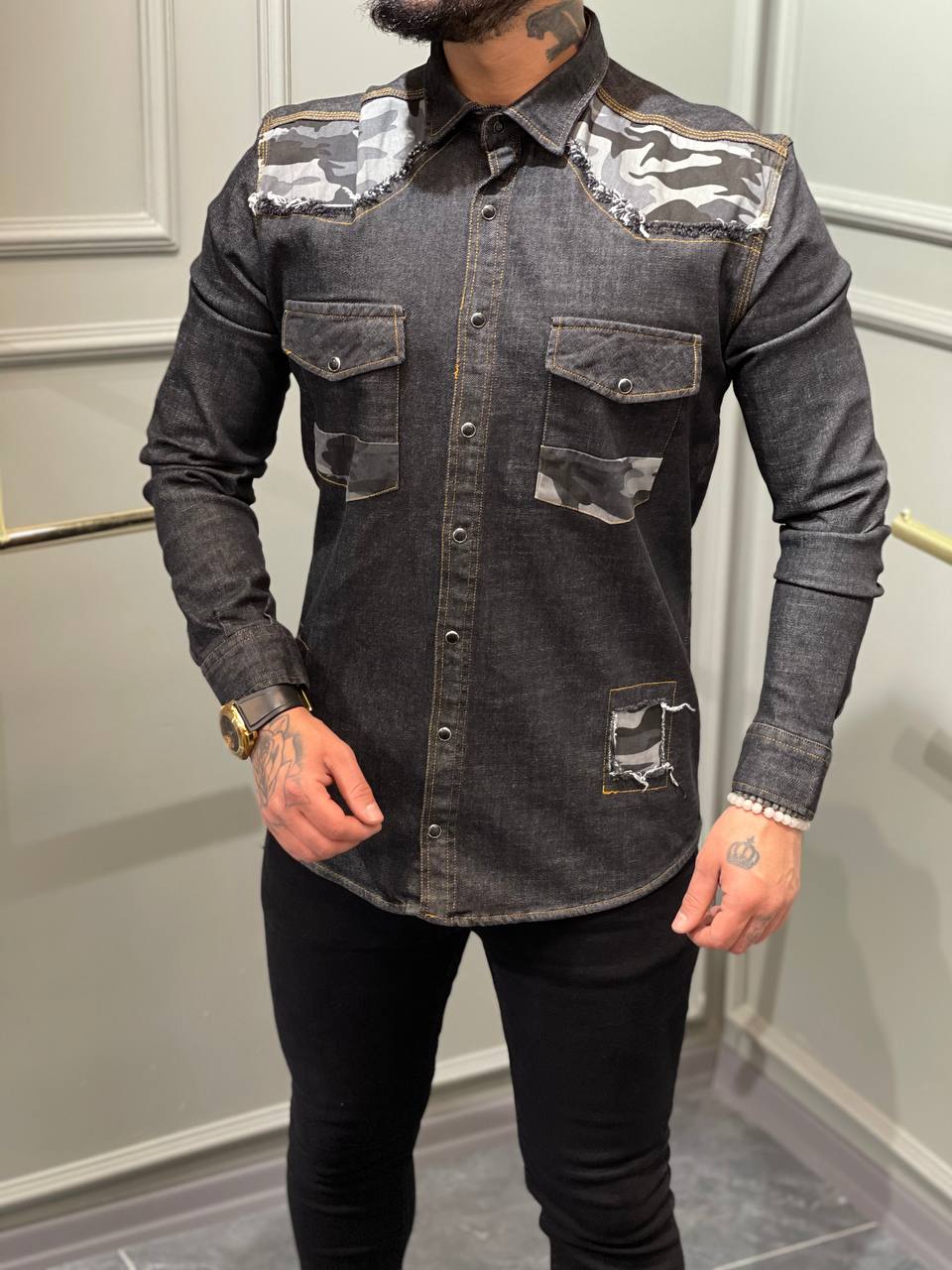 Men Long Sleeve Buttoned Jeans Denim Shirt