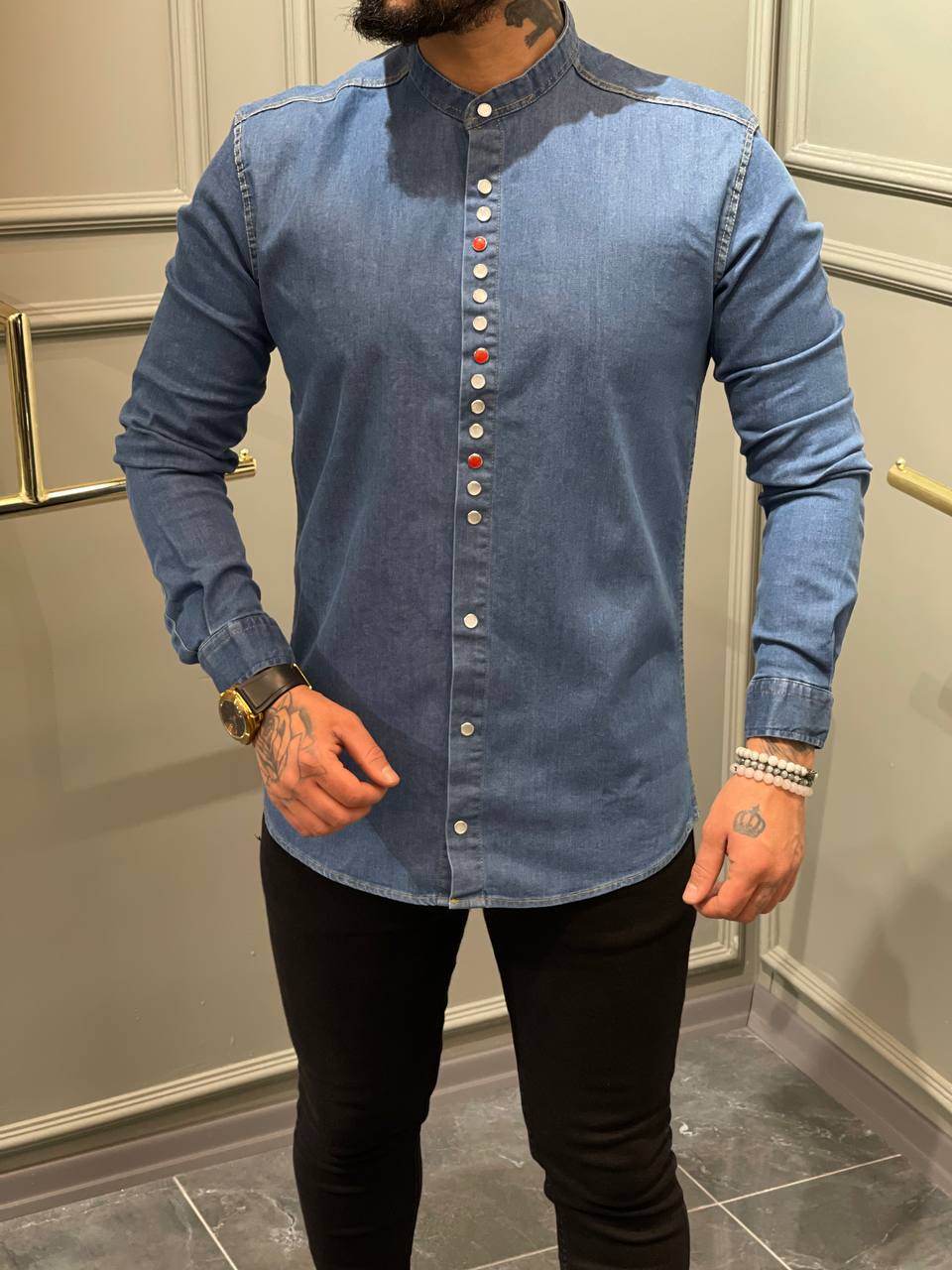 Men Long Sleeve Buttoned Jeans Denim Shirt