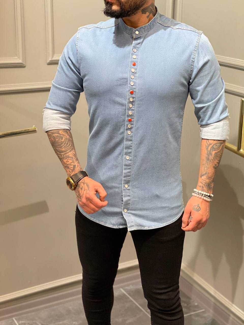 Men Long Sleeve Buttoned Jeans Denim Shirt