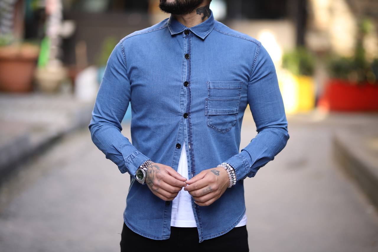 Men Long Sleeve Buttoned Jeans Denim Shirt