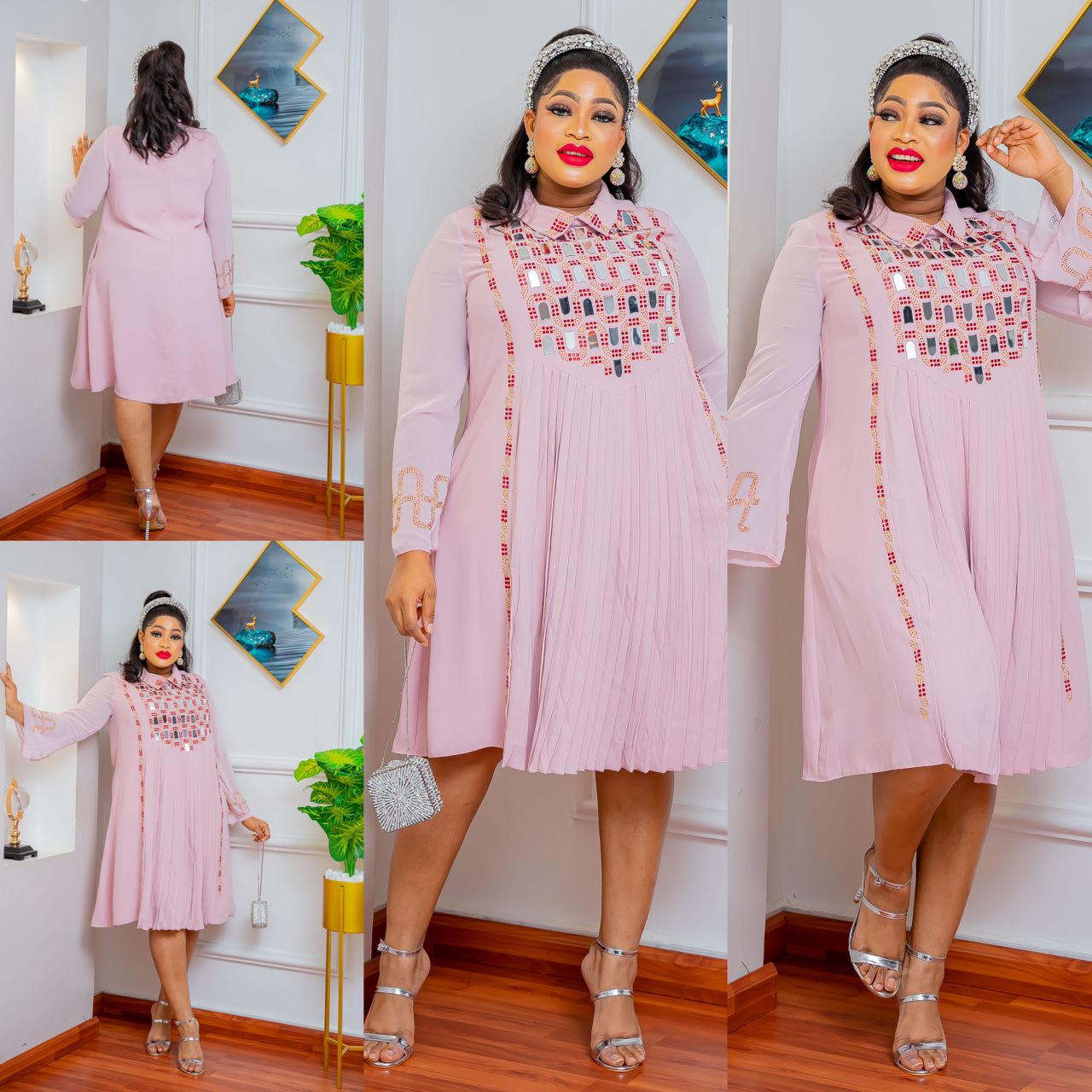 Medium Length Long Sleeve Dress with Color Patterns