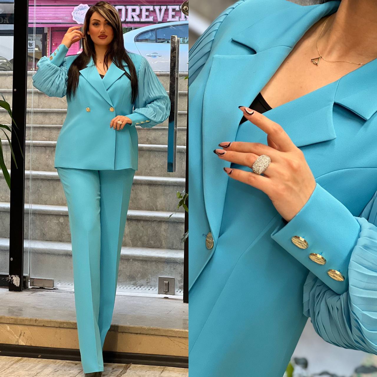 Fashion Icon Blazer and Pants Set with Statement Sleeves