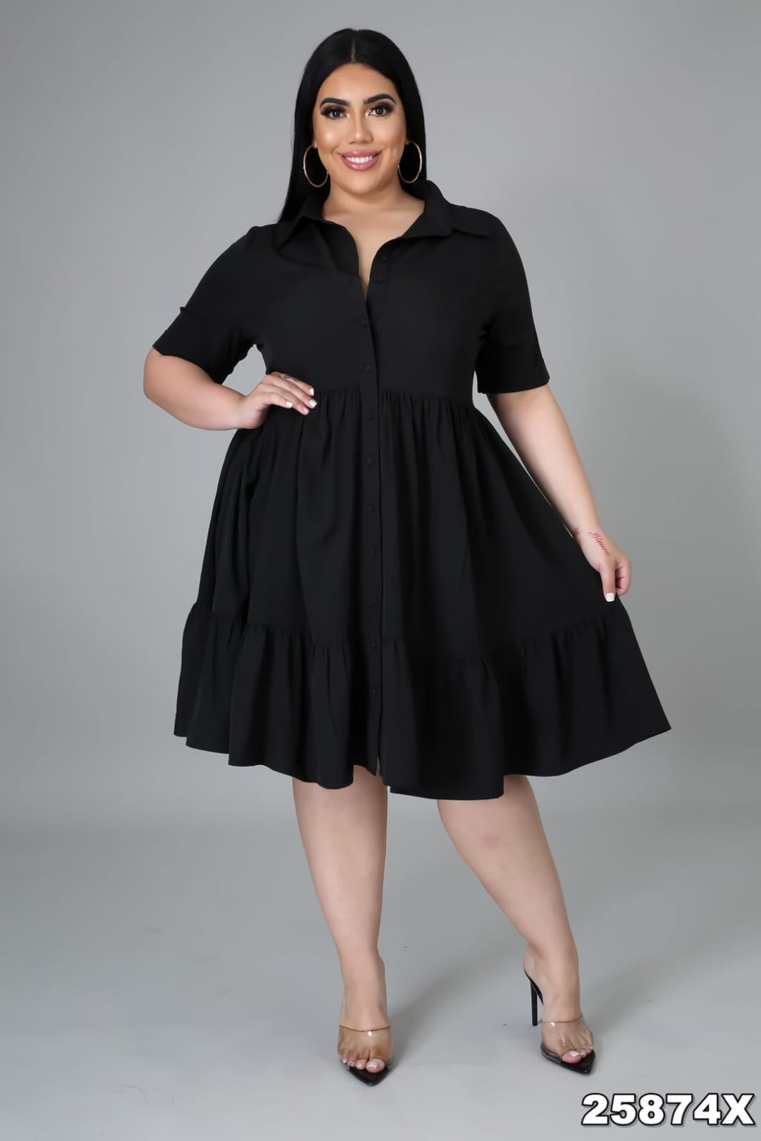 Buttoned Sexy Colorful Pleated Dress with Collard Plus Size