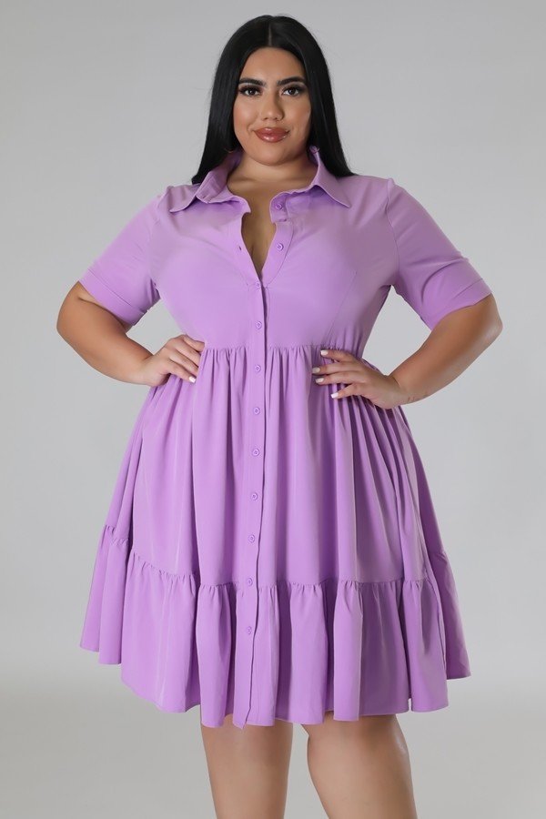 Buttoned Sexy Colorful Pleated Dress with Collard Plus Size