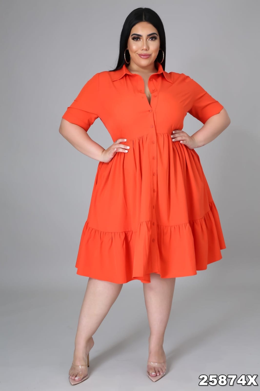 Buttoned Sexy Colorful Pleated Dress with Collard Plus Size