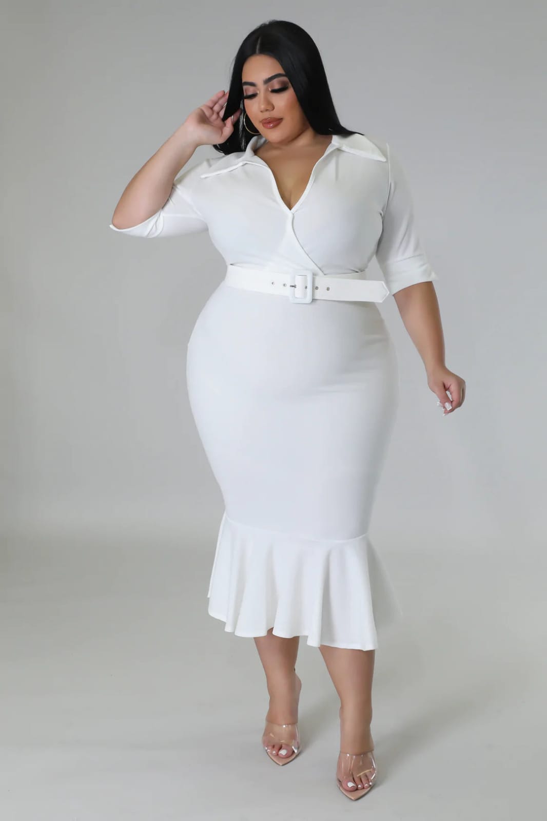Bodycon Sexy and Mid Length Dress with Waist Belt Plus Size