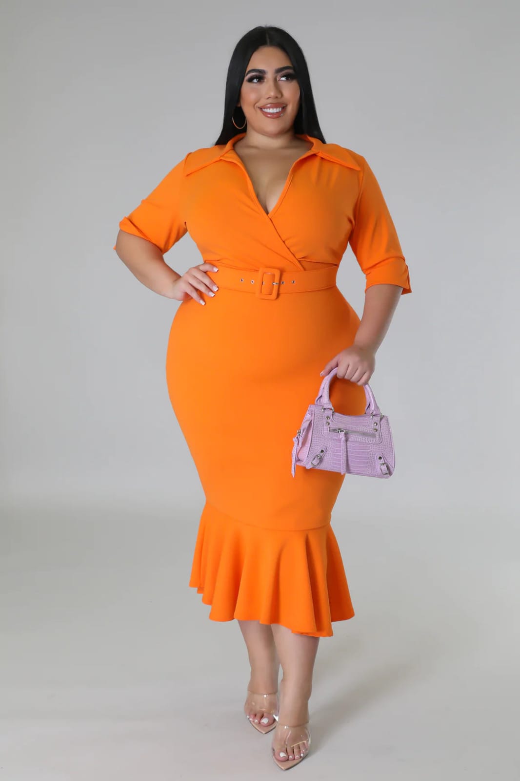 Bodycon Sexy and Mid Length Dress with Waist Belt Plus Size