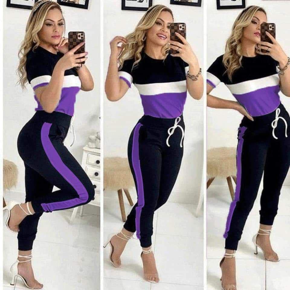 Comfy and Cozy Women's Color Band Jogger and T-Shirt Set